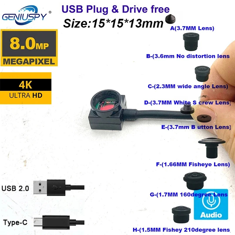 4K 8MP Micro USB Web Camera With Audio USB2.0 /Type-C Interface Mini USB Camera For For ATM Machine Touch Screen 3D Printer