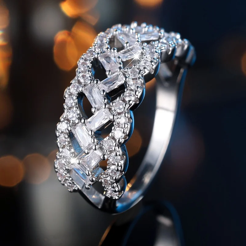 Weaving Hollowed Out Wide Women's Ring Design with A Trendy Ladder and Square Stones Interlaced with Zircon, Elegant Jewelry