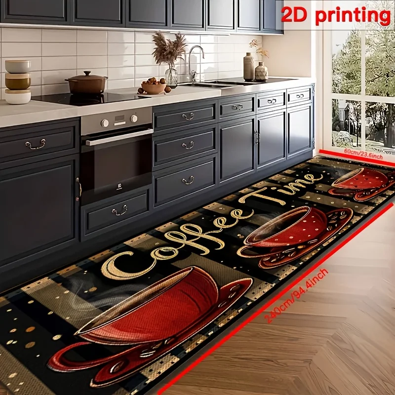 VIKAMA American Retro Coffee Cup Letter Long Carpet, Kitchen Area Rug, Laundry Room Entrance Corridor Long Decorative Foot Mat