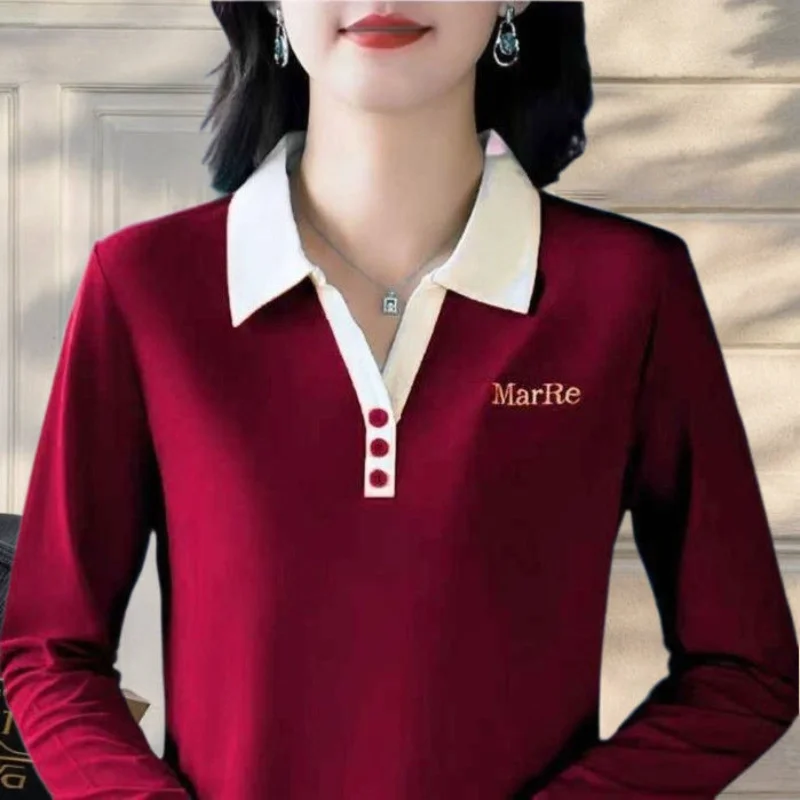 

Модный пуловер с длинными рукавами и вышивкой с лацканами контрастного цвета, женский повседневный элегантный топ