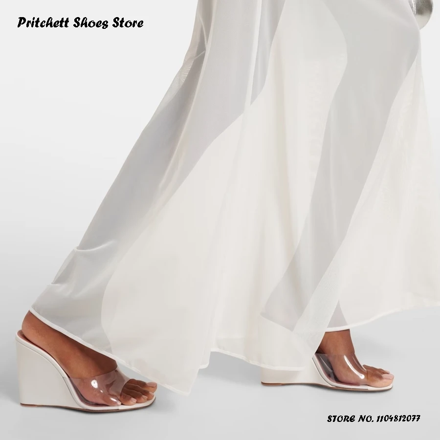 Women's Clear PVC and Leather Wedge Mules Elegant Square Open Toe Runway Shoes Summer Pull On Banquet Dress Modern Slippers