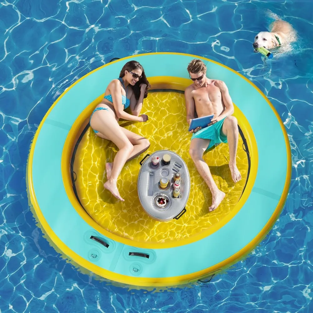 

8FT Floating Dockl Platform, Sunchill Float Ring Inflatable Water Hammock, Tanning Pool with Inflatable