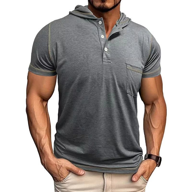 

2025 American New Fashion Men's Casual Trendy Slim Hooded Short Sleeve Solid Color T-shirts Male Undershirts Sweatshirts Clothes