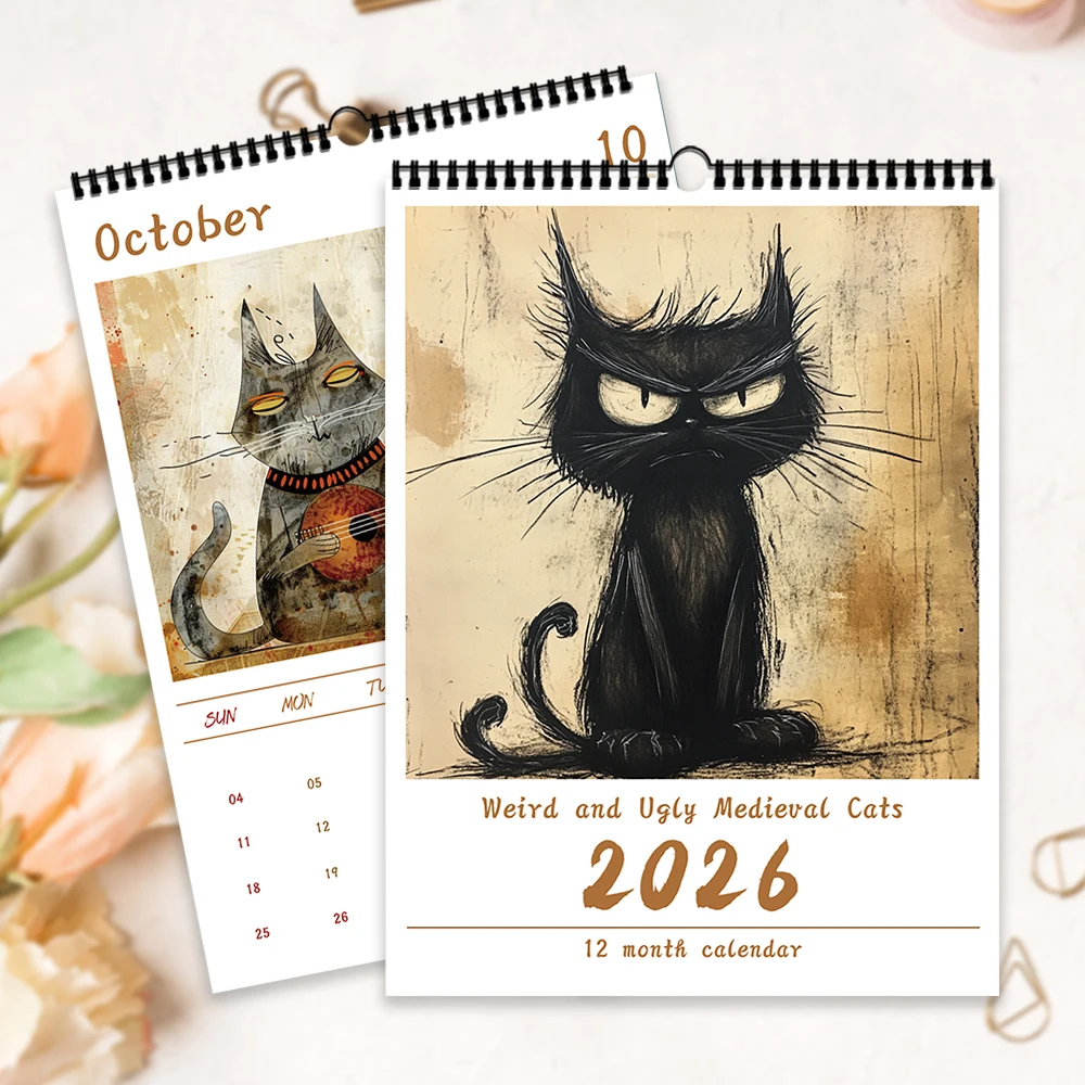 

Настенный календарь с изображением кошки на гитаре, 1 шт., тема домашнего животного, с 12 различными дизайнами, подходит в подарок на день рождения, Рождество