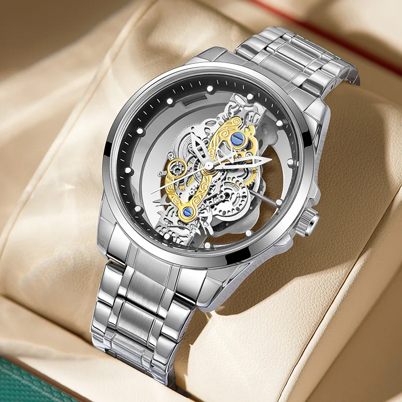 2026 Spring Explosion Double-sided Transparent Hollow Men's Watch Waterproof Luminous Quartz Watch