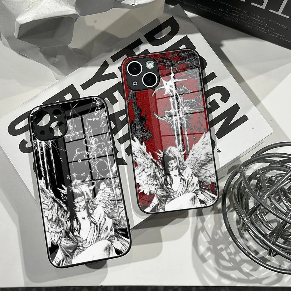 Gothic Dark Angel Girl Cross Sketch Print Phone Case Tempered Glass Shell FOR IPhone 16Pro 17Pro Air 15 16 Plus 13 Pro MAX Cover