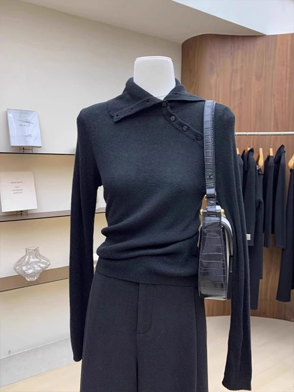 Gele onregelmatige ort kraag ontwerp gebreide top f hoge kraag lange Sve Base irt innerlijke slijtage voor dames vroege herfst