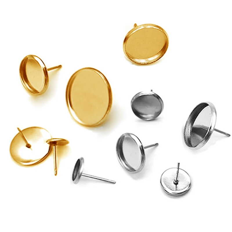 50 sztuk ze stali nierdzewnej kolczyk ustawienia bazowe fit szkło Cabochon przycisk puste podstawy ramki taca okrągłe kolczyki diy Making 6mm 8mm ..
