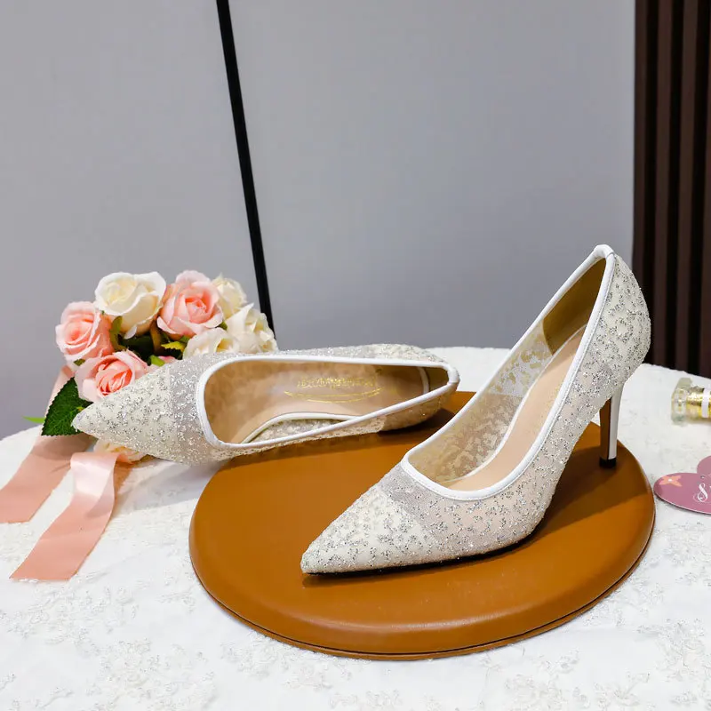 

Сверкающие туфли подружки невесты с острым носком, свадебные туфли на высоком каблуке, блестящие вечерние женские модельные сандалии