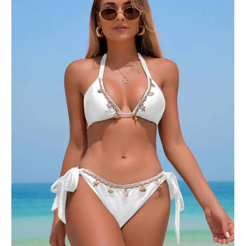 Cikini Solid Colour Lace-Up Shell-Patterned Three-Piece Summer Beach Swimwear Bathing Suit For Women