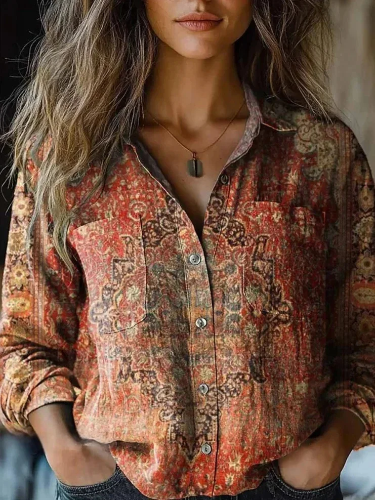 2025 Spring And Autumn New Bohemian Style Women\'s Casual Shirt Fashion Floral Print Lapel Long Sleeve Loose And Versatile Top