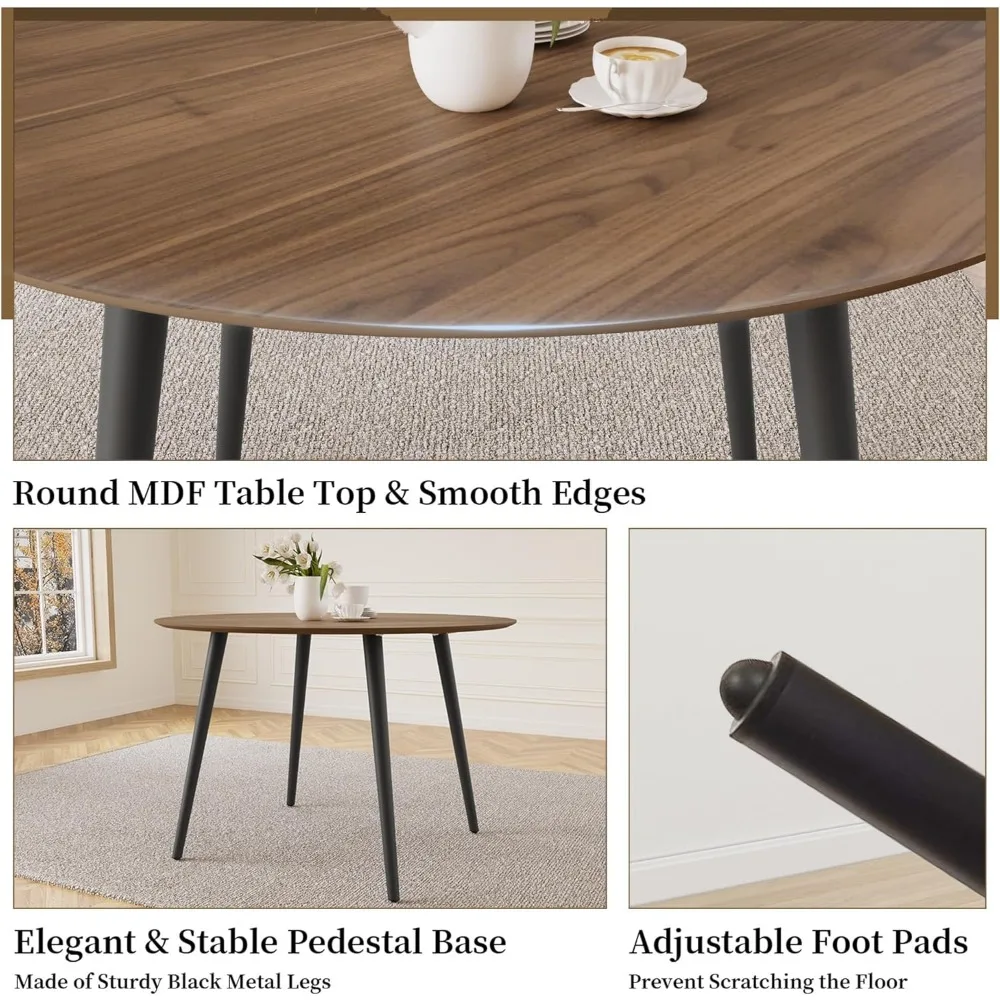 43.3 Inch Round Dining Table Set for 4, Modern Small Kitchen Coffee Set for Dining Room Kitchen Apartment (Walnut Table + 4 Whit