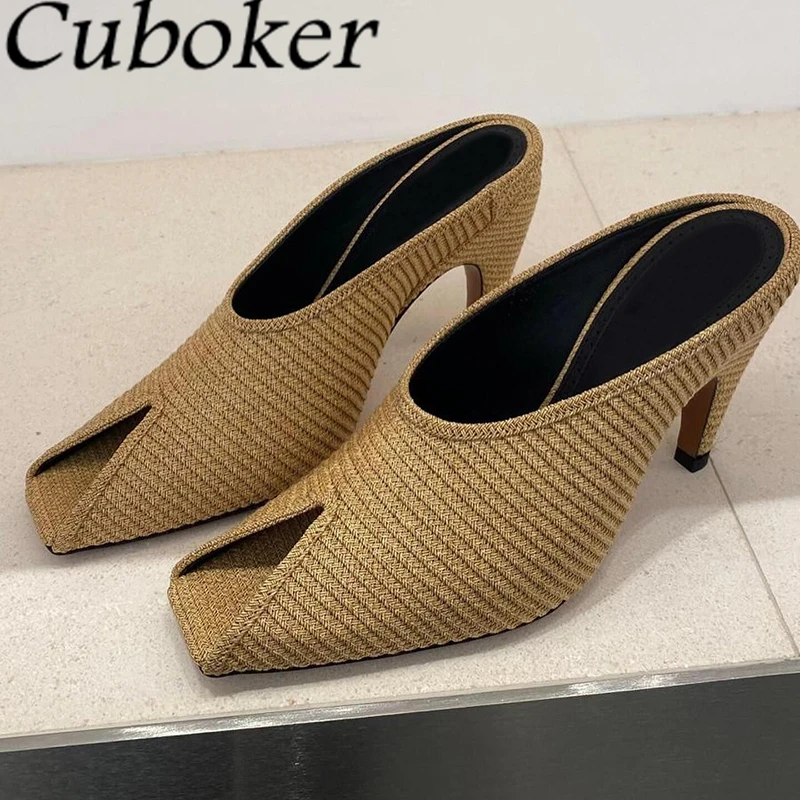 

2024 Summer New Hemp Weave High Heel Slippers Women Square Peep Toe Mules Fashion Ballet Flat Shoes Sexy Party Pumps Shoes Femme