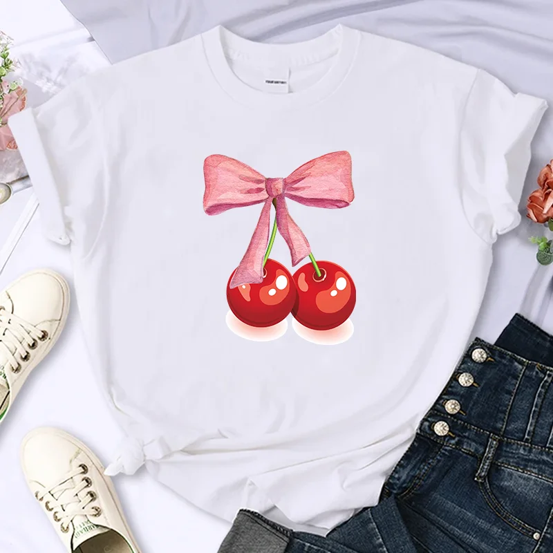 Cherry Bow Printed Women's Vintage T-Shirt Trendy Cute Cotton Tee Shirt Short Sleeve Cottagecore Aesthetic Tops Female Clothes