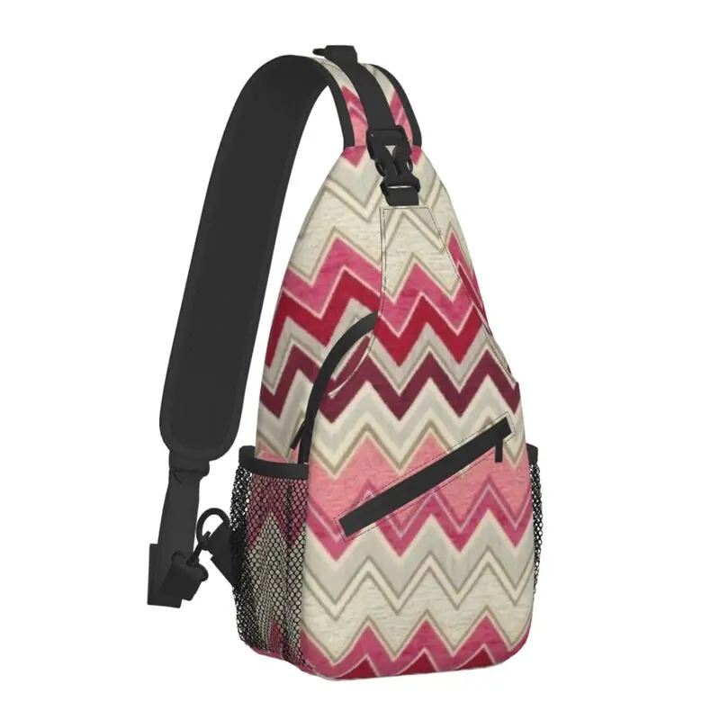 Abstract Geometric Zigzag Textile Print Sling Crossbody Backpack Zig Zag Pattern Shoulder Chest Bag for Travel Hiking Daypack