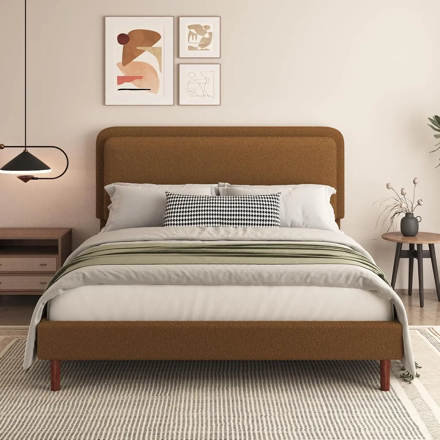 Full Size Boucle Upholstered Bed Frame with Adjustable Headboard, Cloud Platform Bed, Solid Wooden Legs, No Box Spring Needed