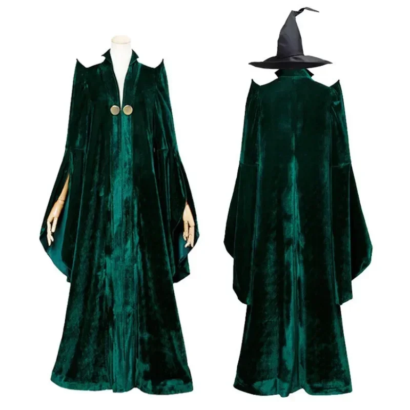 Minerva McGonagall Cosplay High Quality Professor Costume Dress Green Cape Velvet Cloak Halloween Carnival Women Costume