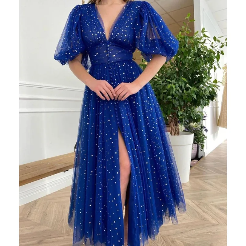 SKMY Mesh Wedding Dresses For Woman Spring And Summer V-Neck Lace Patchwork Puff Sleeves Evening Party Long Dresses Solid Color