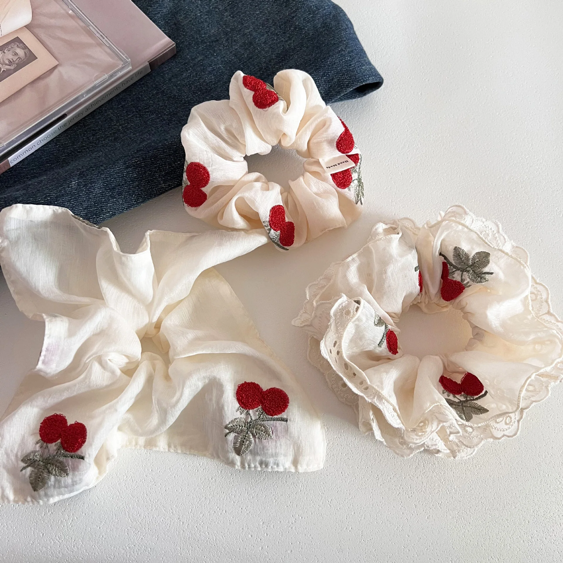 

Женские модные резинки для волос с вышивкой вишни, кружевной сладкий свежий носовой платок, резинка для волос, женский аксессуар, резинка для волос