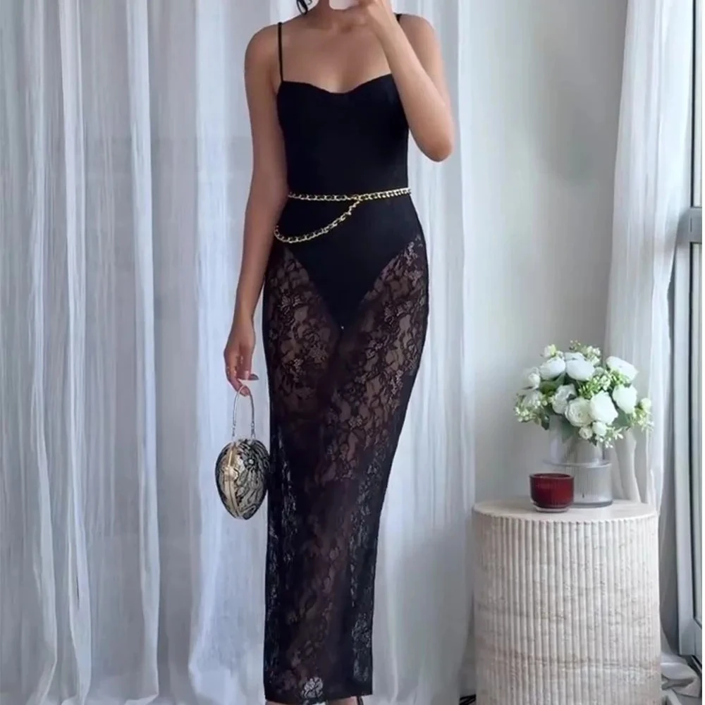 KONDALA Chic Lace Sheath Woman Sexy Dress Bodysuits Y2K Camisole Button Backless Dress Fashion 2025 Night Club Female Swimsuit