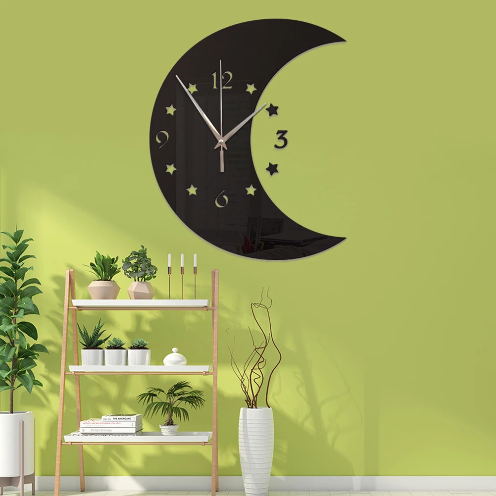 

1Pcs Mirror Surface Wall Clock Moon Star Design Silent Practical Decorative for Home Living Room Bedroom Black Wall Clock