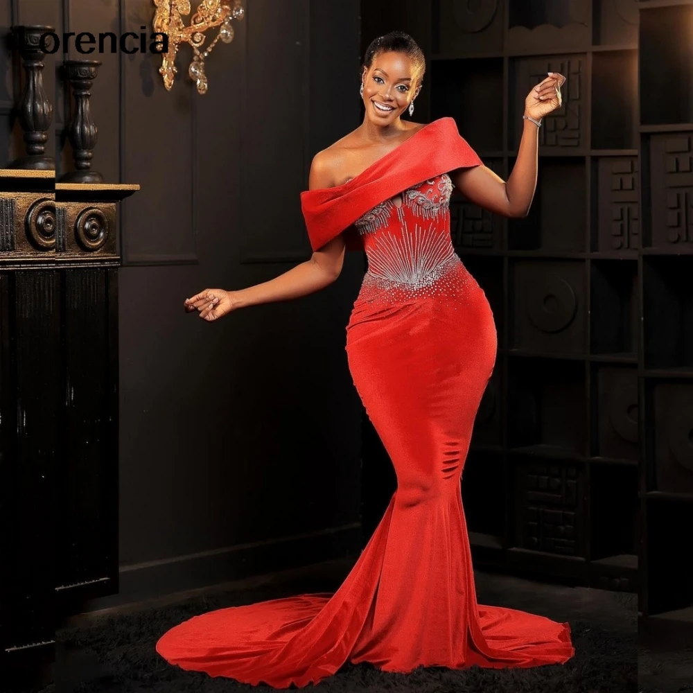 

Customized Aso Ebi Red Mermaid Prom Dress Shiny Crystal Beaded Off Shoulder Black Women Party Evening Gown Robe De Sorrie YPD267