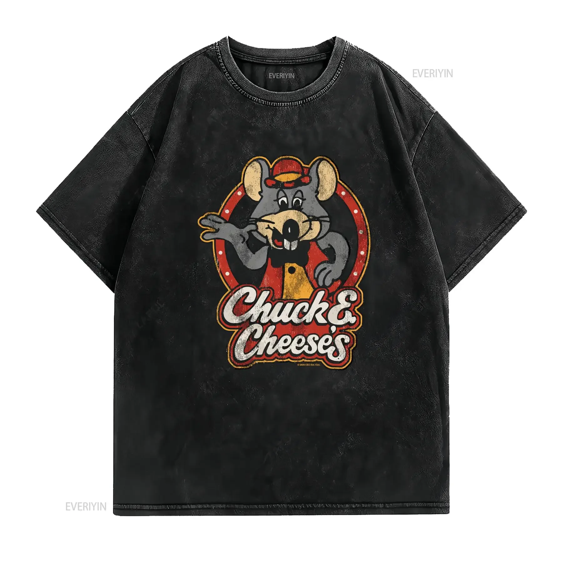 Chuck E Cheese Classic Mascot Portrait Distressed Black Cotton T Shirt S 5XL vintage Washed designer clothes Versatile