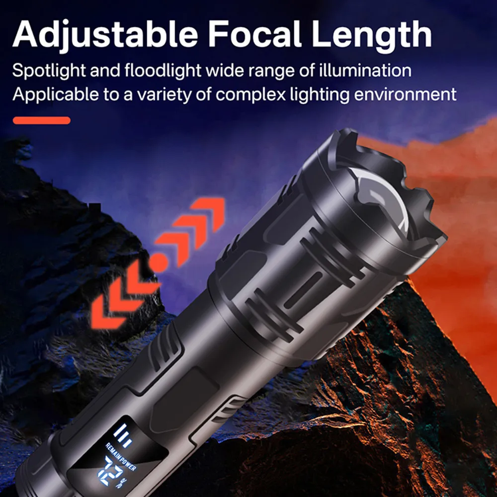 Lanterna LED de Alta Potência, Recarregável, Zoomable, Display Digital, Tocha Tática, Carregamento Tipo-C, Lanterna Portátil para Camping