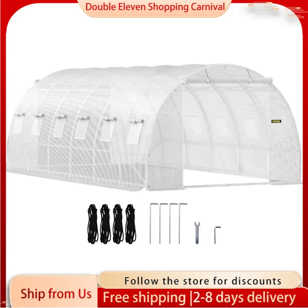 Walk-in Tunnel,Portable Plant Hot House w/Galvanized Steel Hoops,3 Top Beams, Diagonal Poles,2 Zippered Doors&12 Roll-up Windows