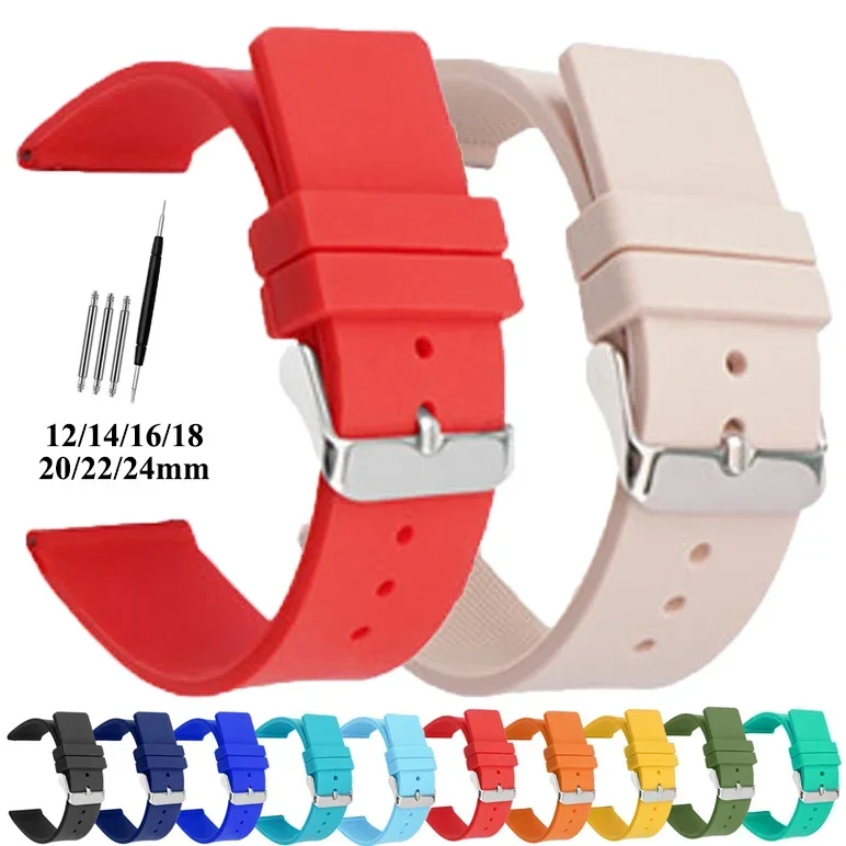 12/14/16/18/20/22/24mm Soft Silicone Watch Band Universal Rubber Bracelet Replacement Wrist Band Waterproof Strap Accessories