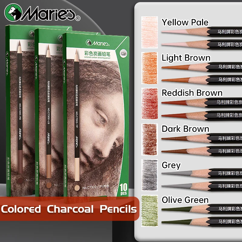 10pcs Marie's Professional Colored Charcoal Pencils Set,Skin Tone Color for Sketching, Shading, Blending,for Adults & Artists