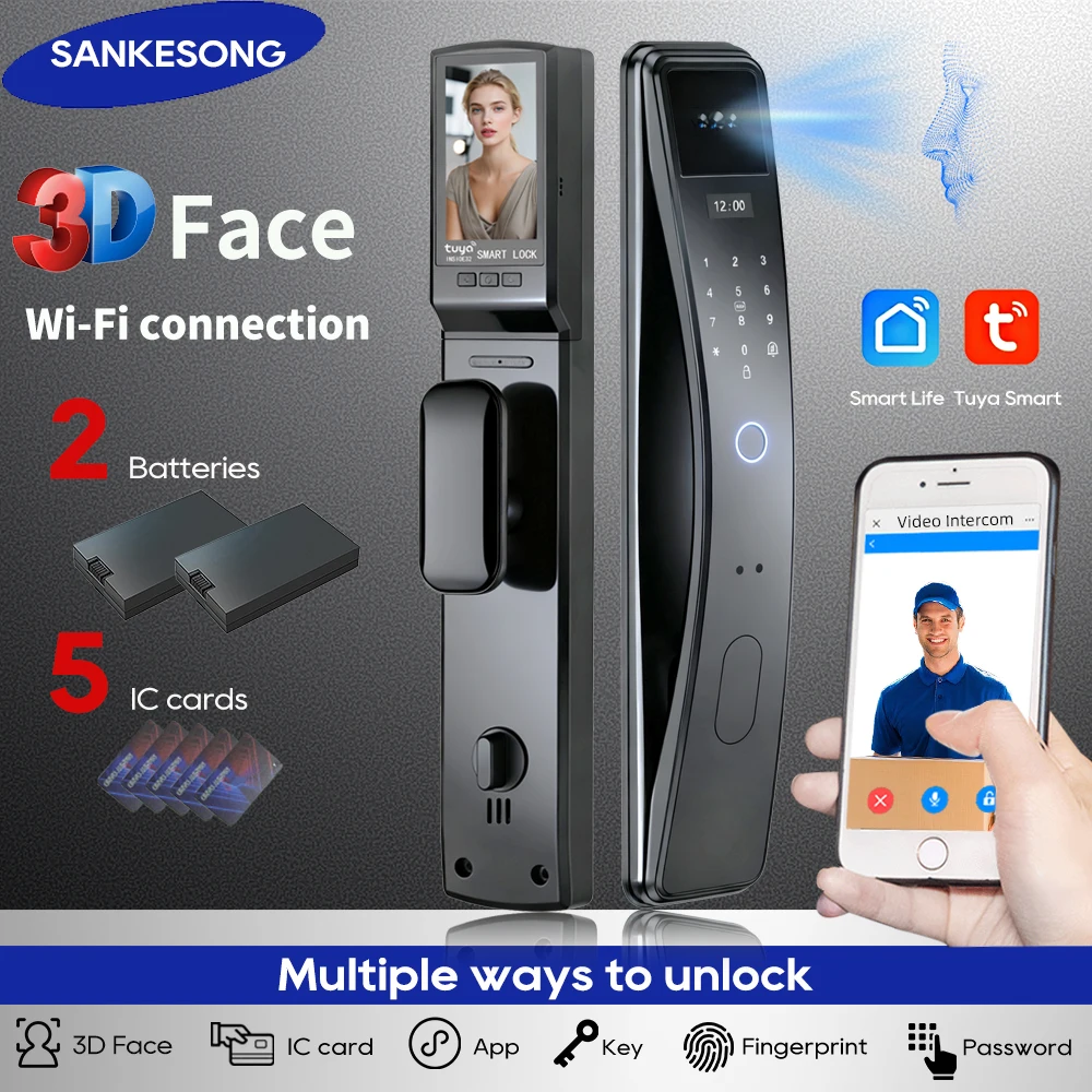 SANKESONG Tuya Smart 3D Face Door Lock Security Camera Monitor ذكي بصمة الإصبع كلمة المرور البيومترية بطارية مزدوجة