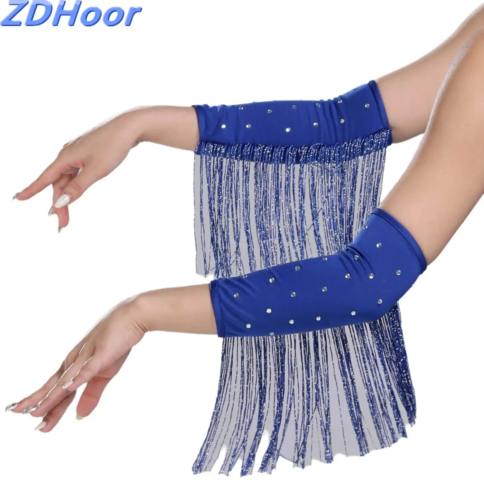 قفازات الرقص النسائية اللامعة بشراشيب وأحجار الراين وأكمام المعصم قفازات لامعة للملحقات
