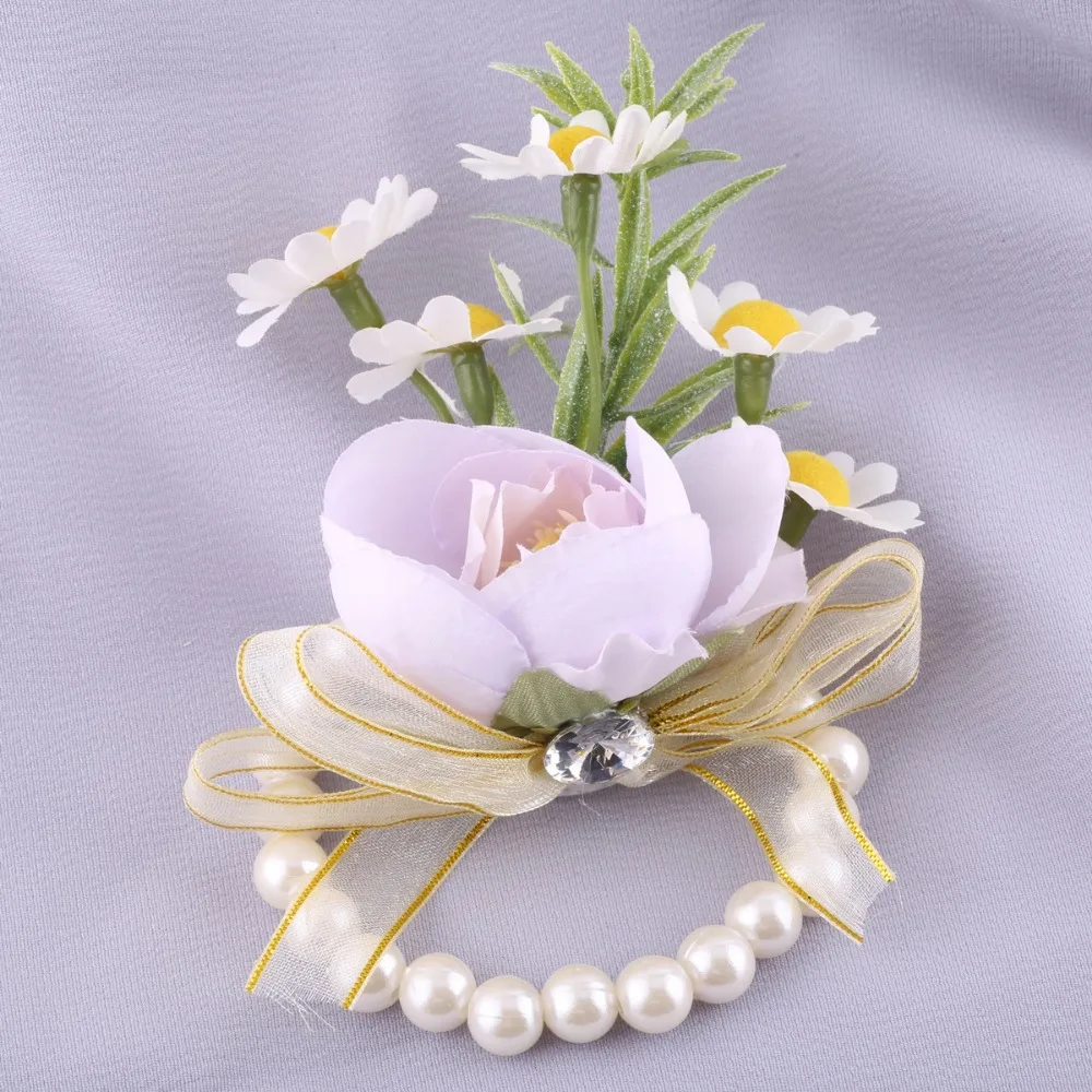 Artificial White Silk Rose Wedding Boutonniere for Men Daisies Pearls Ribbon Bow Bridesmaid Corsage Pins Marriage Accessories