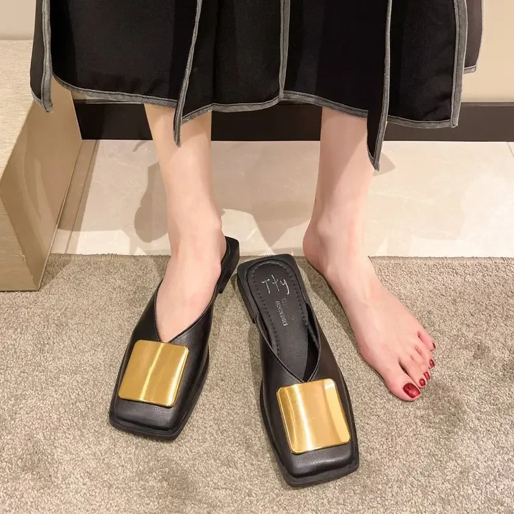 Brand Designer Women Slippers Fashion Metal Buckle Mules Flat Heels Square Toe Shallow Shoes Outdoor Slide Female Casual Sandal