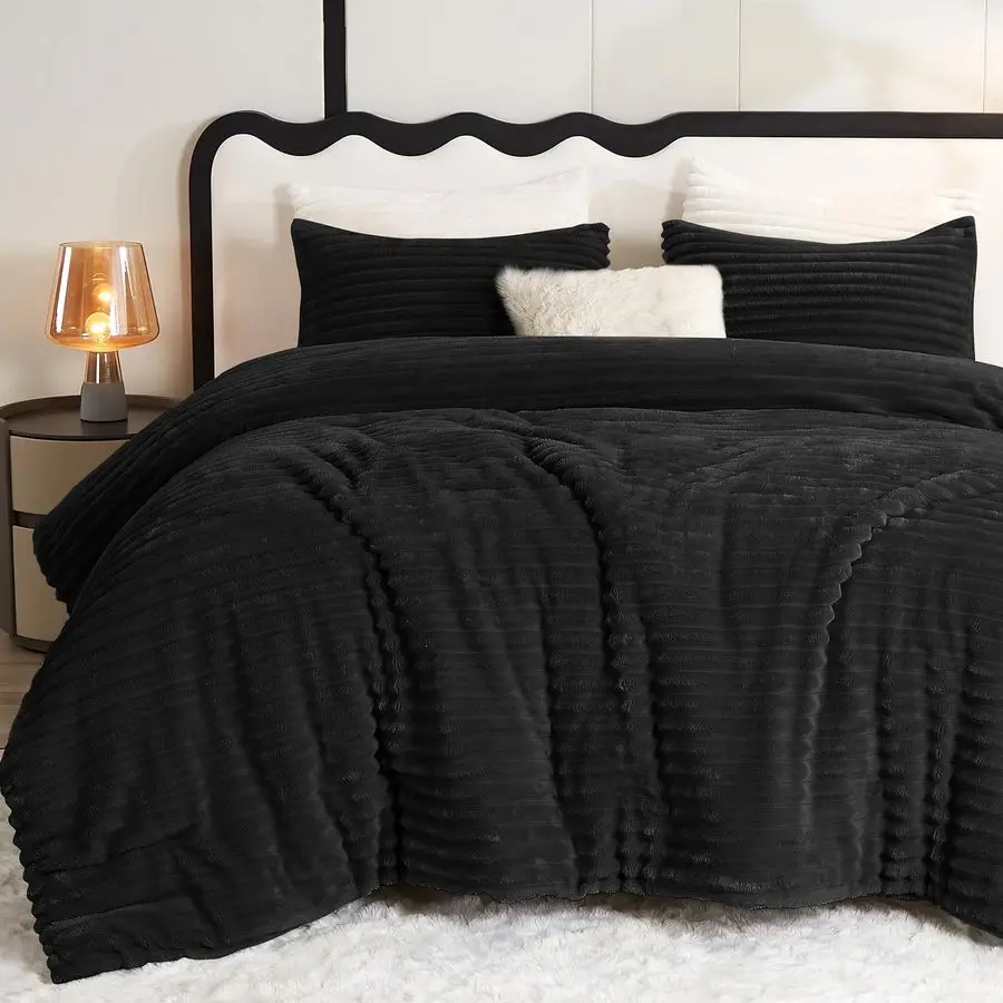 

Fluffy Queen Comforter Set Super Soft Faux Fur Black Comforter Queen Size, Winter Warm Fleece Bedding Set, 3 Pieces Plush Fuzzy