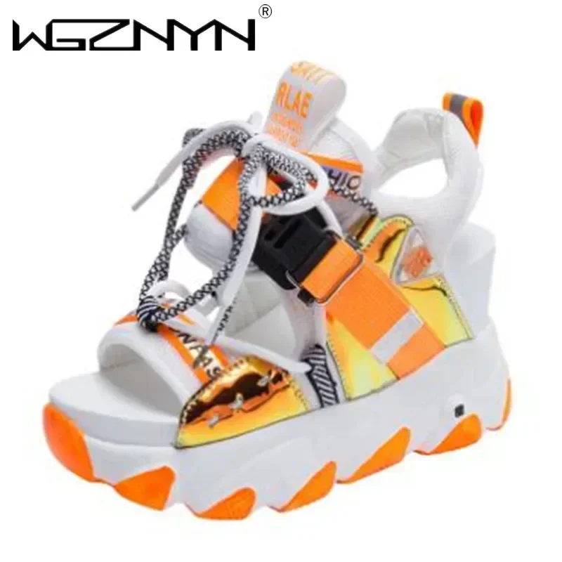 

Brand Women Summer Mix Color Chunky Platform Sandals Hollow Out 9CM Wedge Heels Beach Sandals Woman Thick Bottom Gladiator Shoes