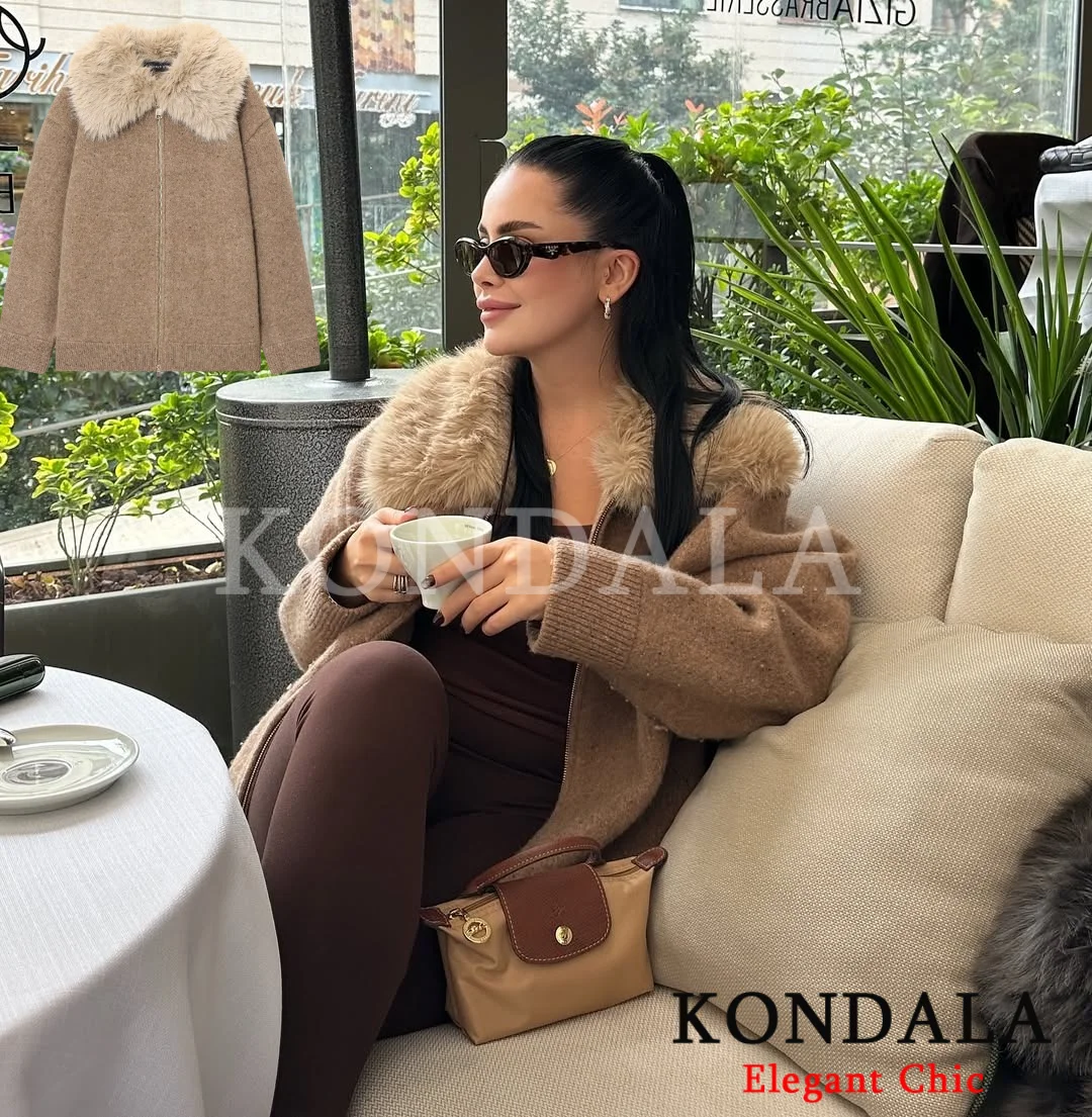 

KONDALA Women Autumn Winter Faux Fur Lapel Collar Jacket Coat Zipper Coat 2025 Fashion Casual High Street Outing Commute Jacket