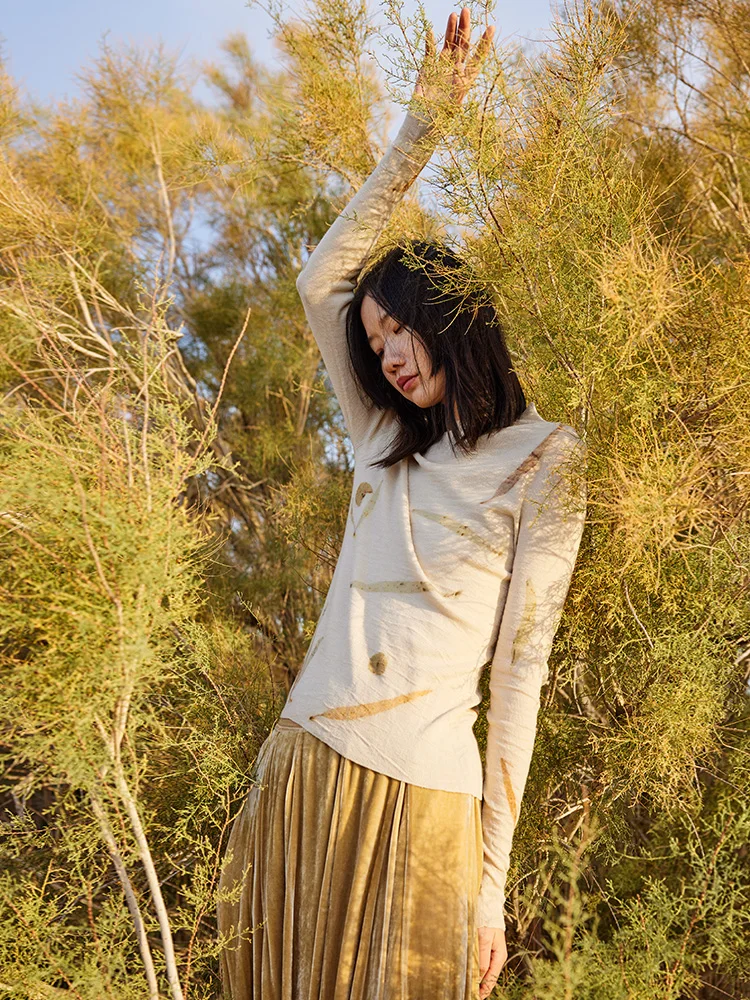 

Original Autumn Winter Plant Dyeing Pure Wool Long Sve Women's Slim Fit Pullover Base irt Top Faionable Commute Sle