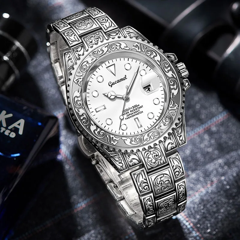 Vintage* Engraved Men’s Quartz Watch with Calendar, Diver-Style Waterproof Wristwatch, Hot-Selling Export Model