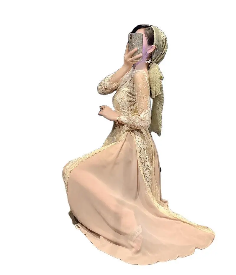 Ele Hoge Taille Lange Sve Kant Bal Vakantie Dr met Sjaal Crossbody Dames Faion Herfstseizoen Maxi Dr