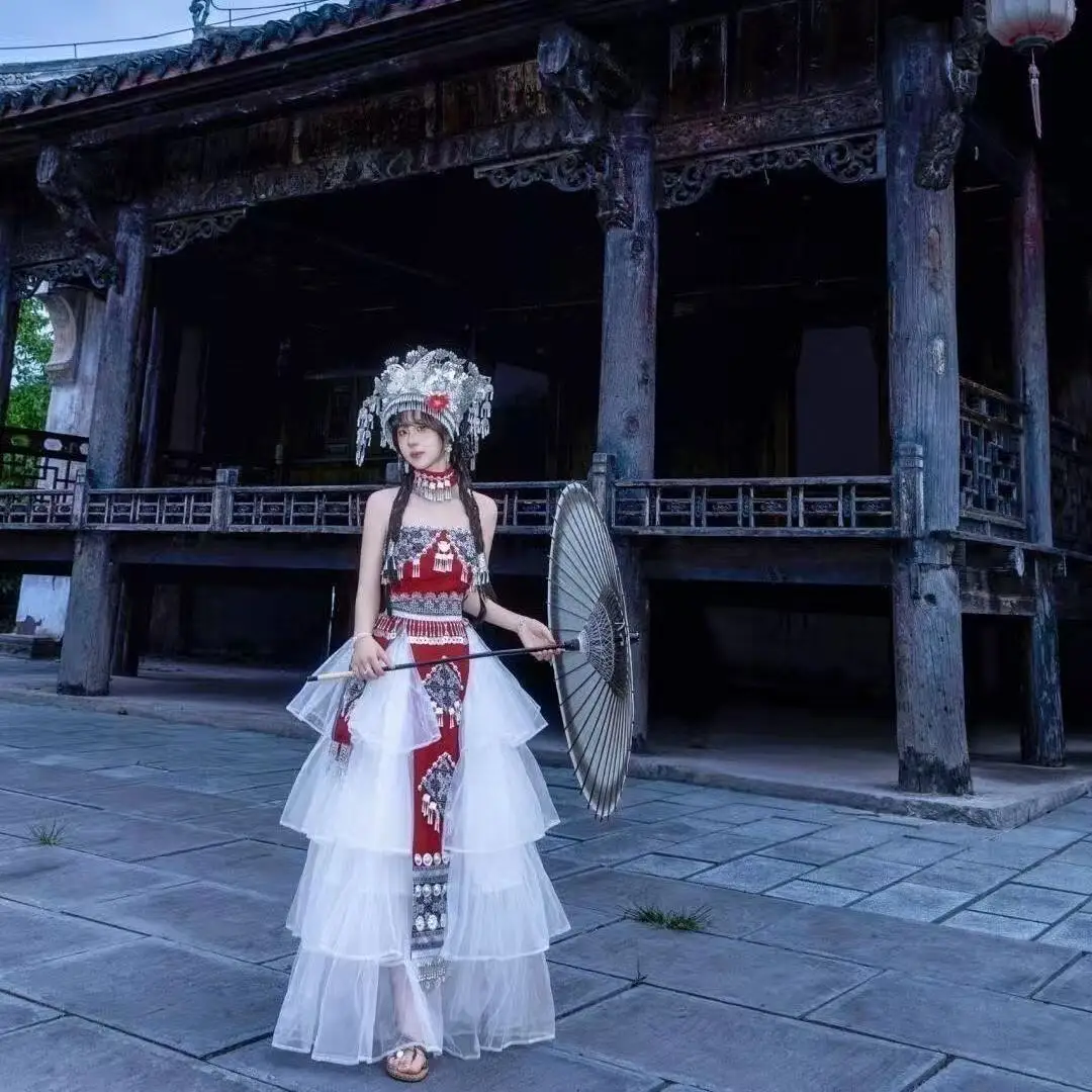 

Summer Hmong Costume Women's Traditional Chinese Hanfu Hawaii Beach Party Miaojiang Girl Cosplay Costume Hmong Cake Skirt Female