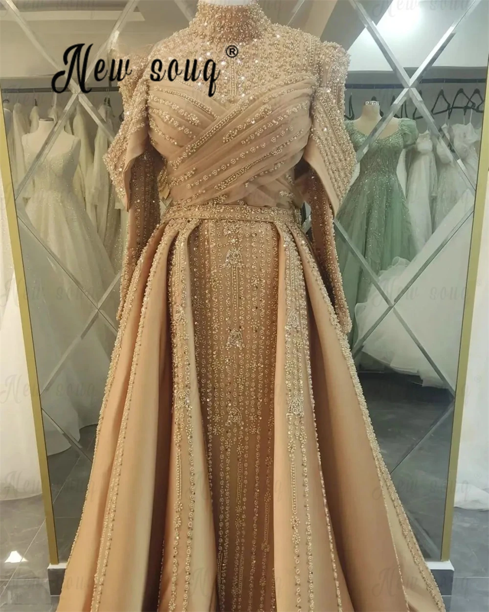 Plus Size Heavy Beads Muslim Evening Dress With Overskirt Gold Middle East Dubai Wedding Party Gown Abendkleider Engagement Gown