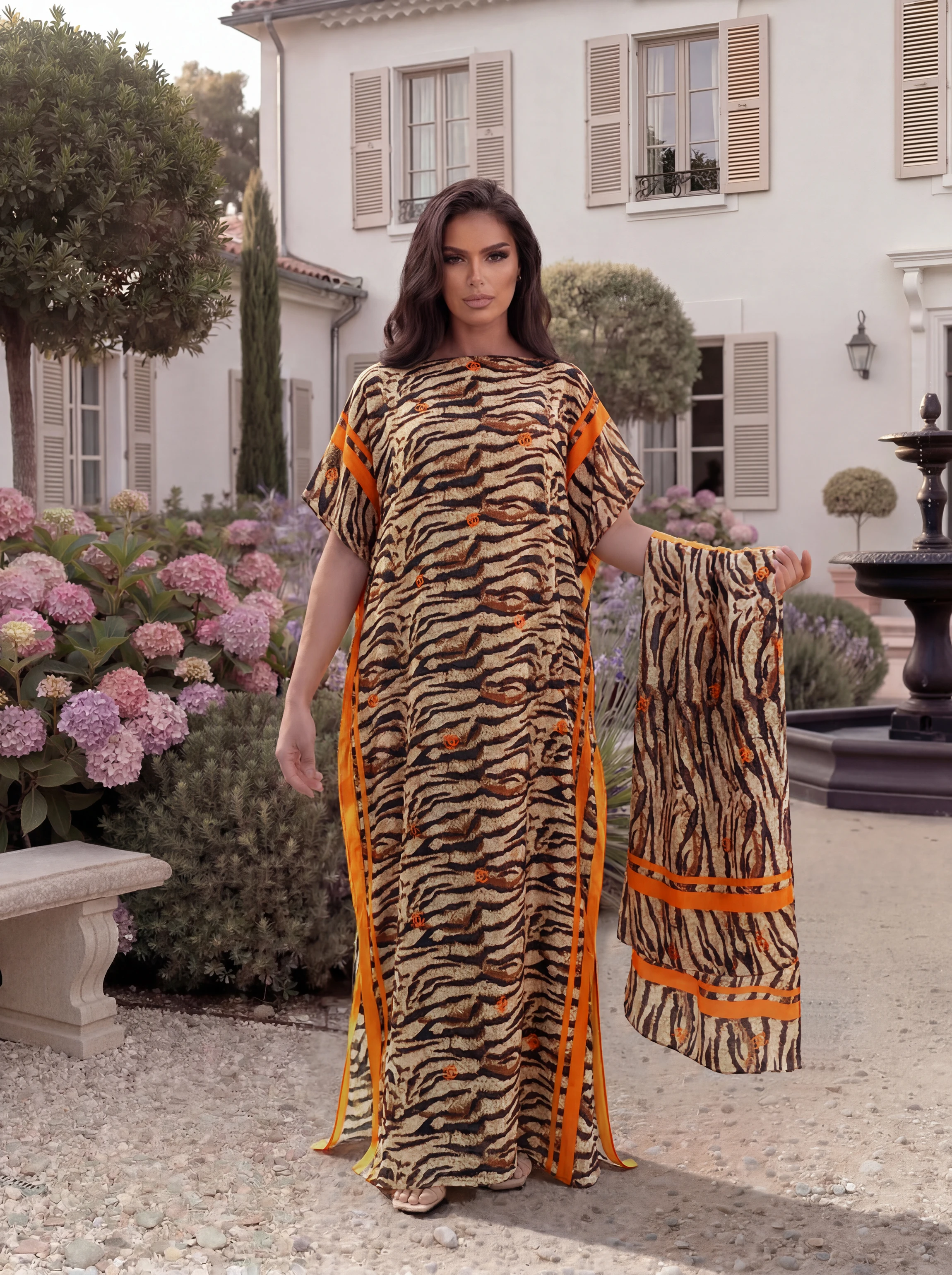 Boho Mixed Animal Paisley Abstract Print Satin Abaya Scarf Set, Loose Batwing Maxi Kaftan for Muslim Women Summer Holiday Wear