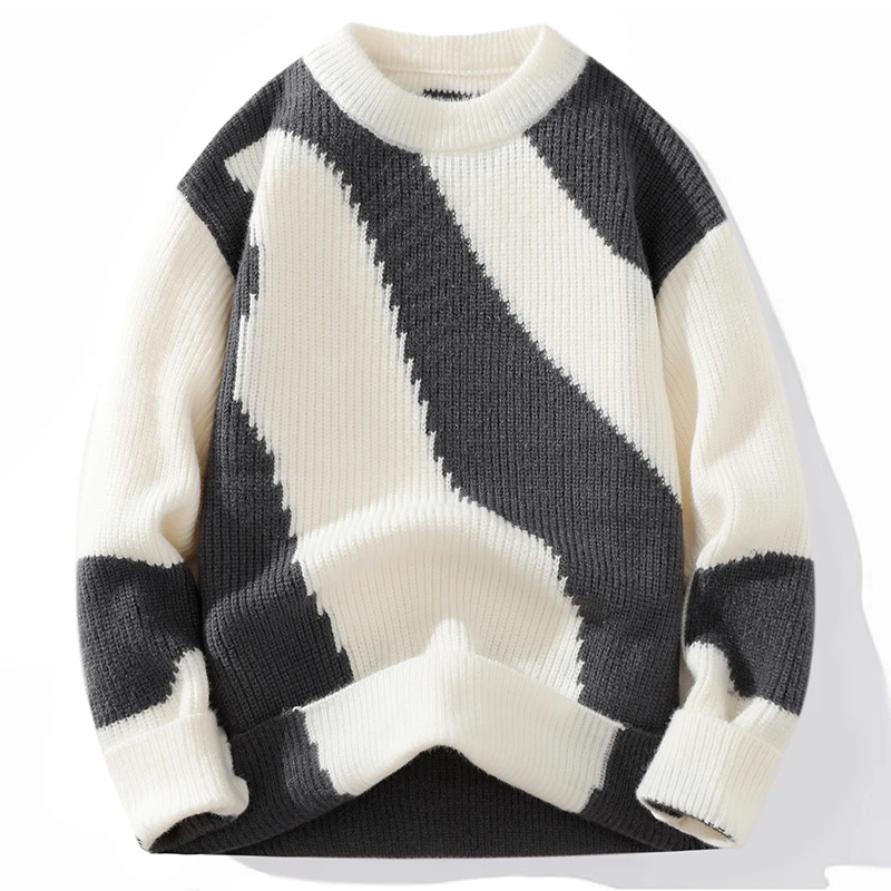 

Men's Pajamas Fashion Autumn Winter Irregular Stripe Design Knitted Crew-neck Sweater Men's Trend Loose Versatile Daily Sweater