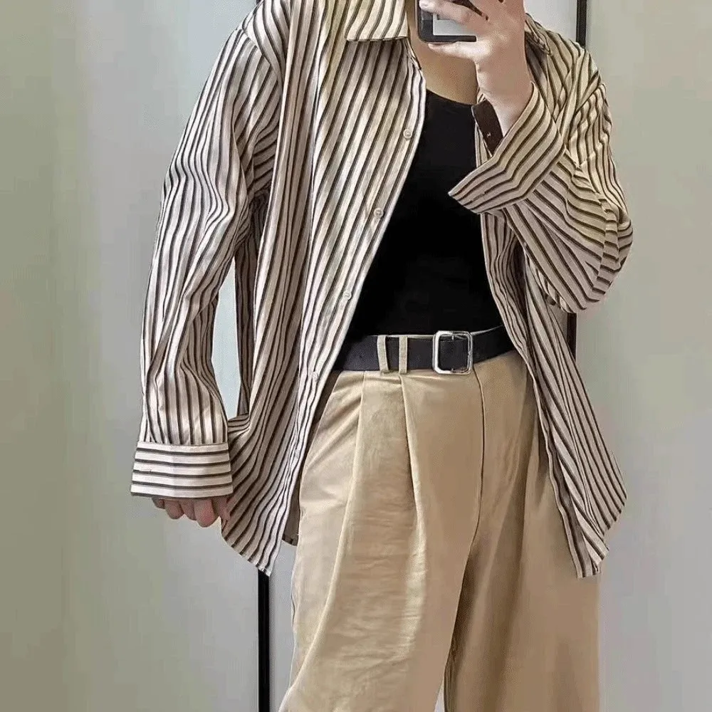 เสื้อเชิ้ตผู้หญิงคอวีลายทาง แขนยาว สไตล์เกาหลี เสื้อคลุมลำลอง กระดุมเรียบง่าย สตรีทแวร์