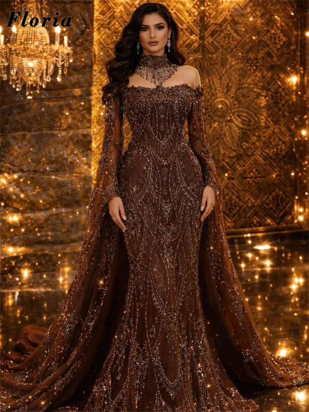 Elegante braune Abendkleider mit Perlenstickerei, abnehmbarer Rock, maßgeschneidertes Strass-Kleid für den roten Teppich, schulterfreie Partykleider