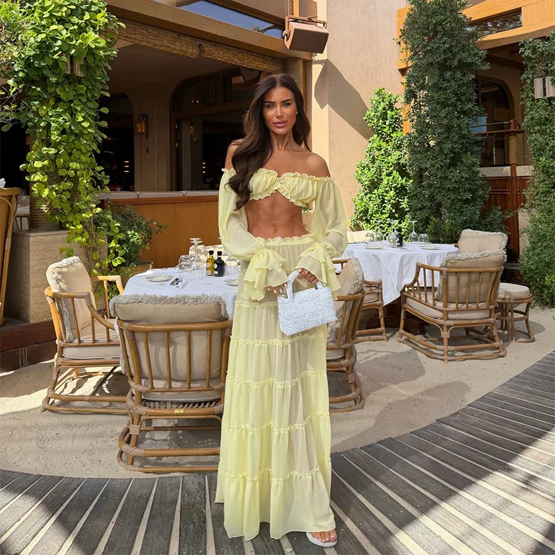 

Women's Pale Yellow Ruffled Off-Shoulder Chiffon Crop Top & Tiered Maxi Skirt Set, Sweet & Fresh Outfit