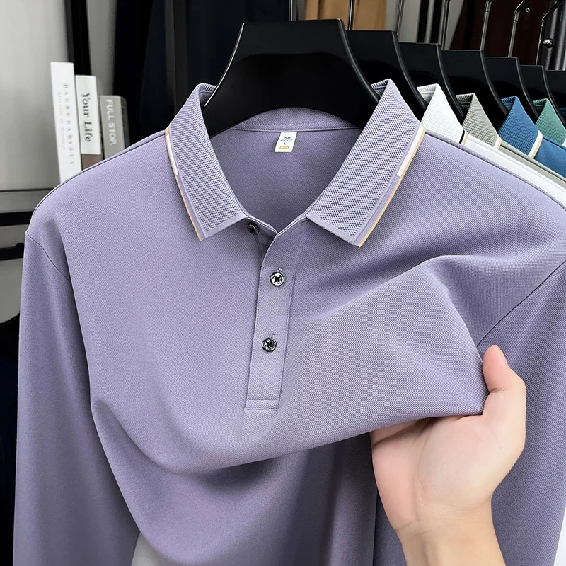 

Новая высококачественная мужская рубашка-поло из тутового шелка с длинным рукавом для весны и осени, повседневная, деловая, свободного кроя, для мужчин среднего возраста, 2026 год