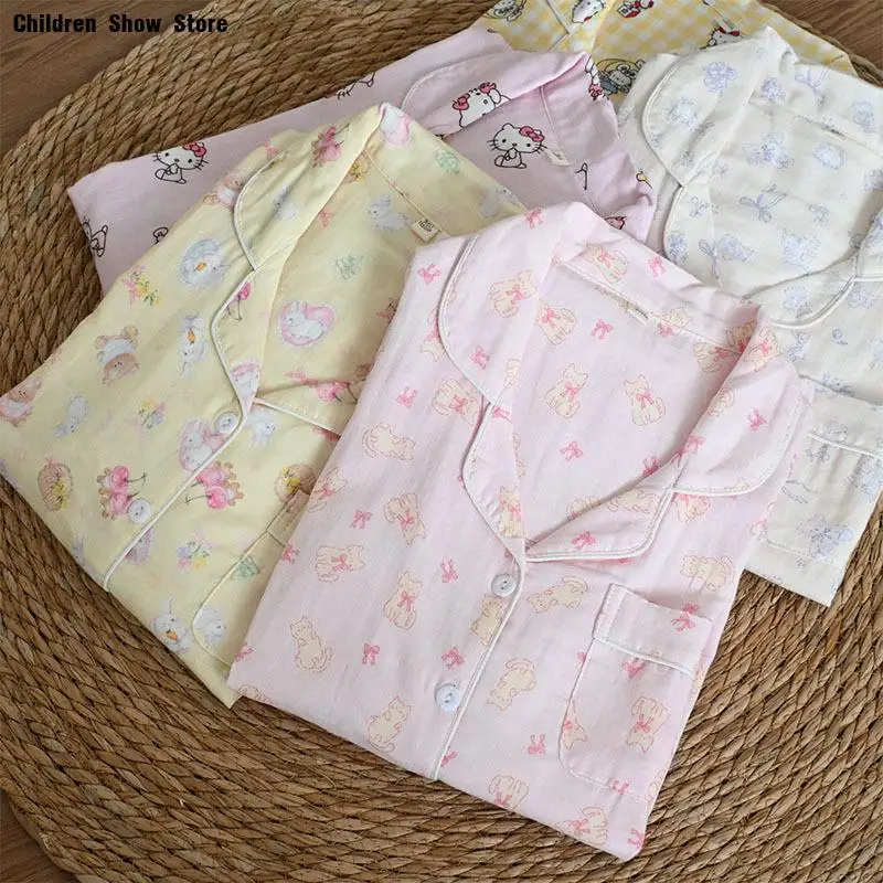 

Kawaii Sleepwear Women Cartoon Print Nightwear 2Pcs Home Clothes Long Sleeve Single Breasted Top Elastic Waist Pants Pajamas Set